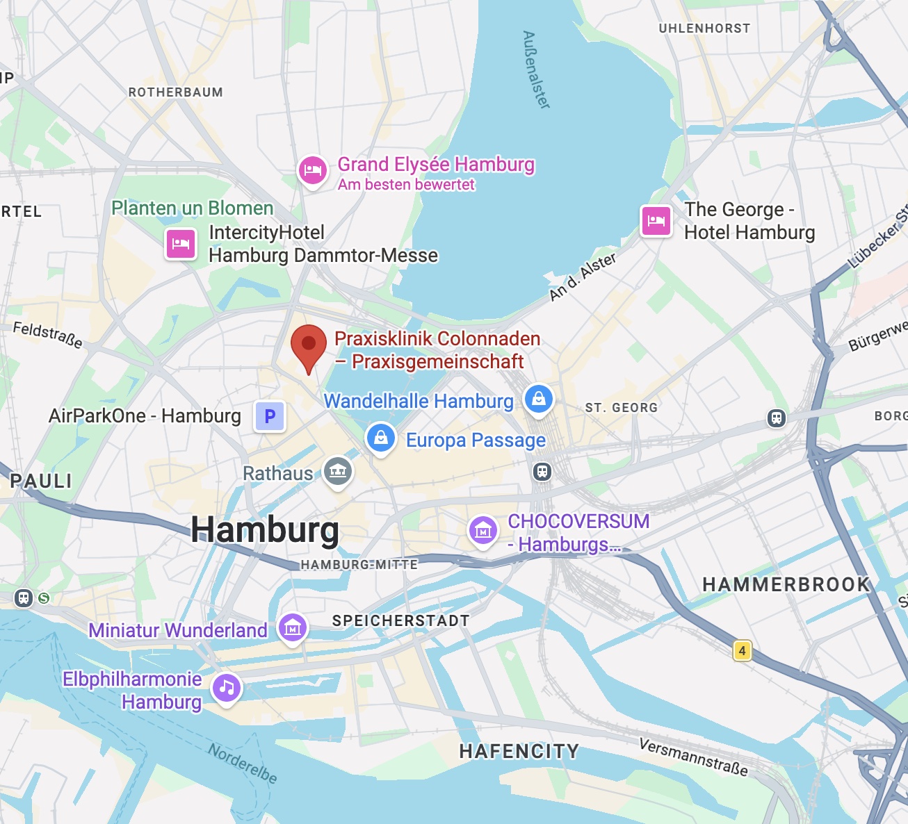 Anfahrtsplan der Praxisklinik Colonnaden bei Google-Maps.