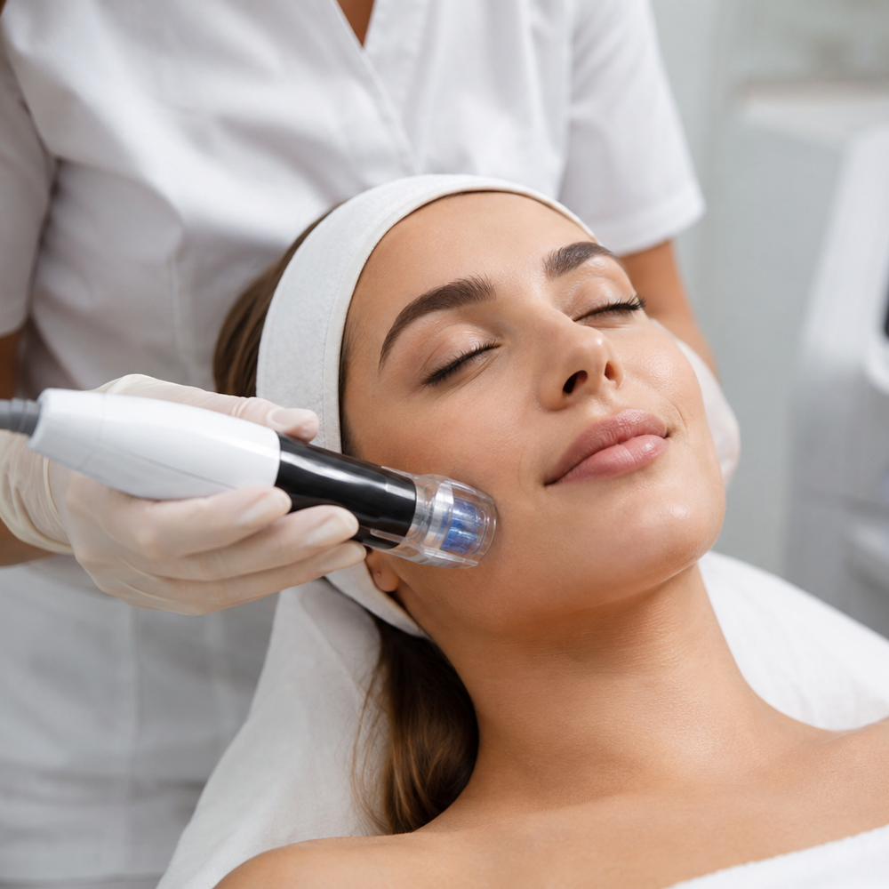 Professionelle Gesichtsbehandlung mit Microneedling bei einer jungen Frau.